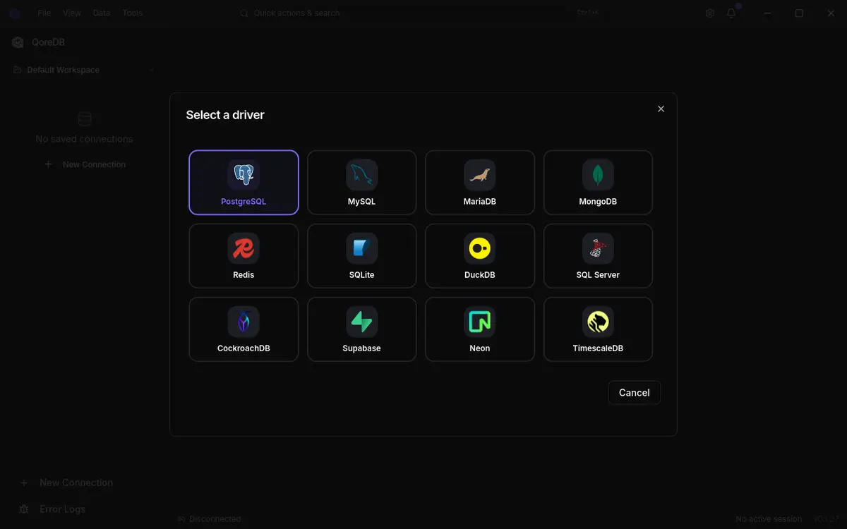 Boîte de dialogue de nouvelle connexion avec le sélecteur de moteur ouvert