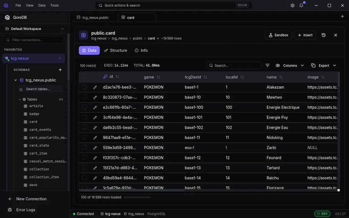 QoreDB main window with sidebar, query editor, and results pane