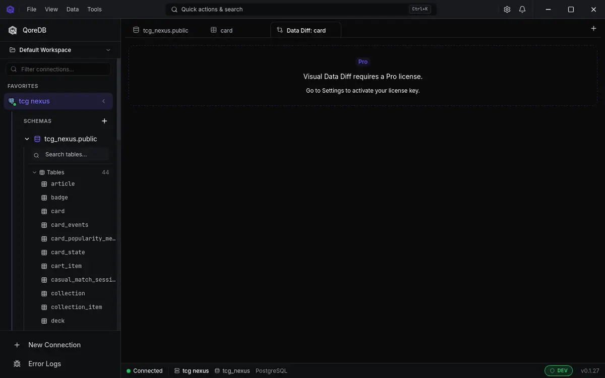Visual diff view in QoreDB with the Premium badge visible