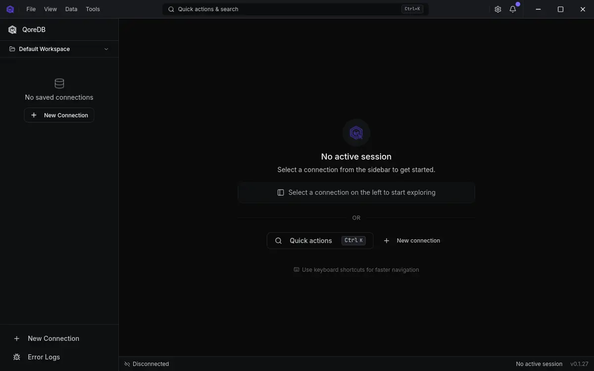 QoreDB welcome screen on first launch